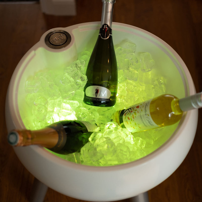 freestanding wine cooler with green LED lights under ice