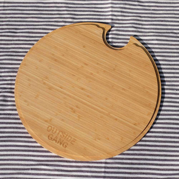 underside of bamboo chopping board, an accessory for outdoor drinks cooler by Outside Gang